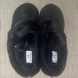 Halston Black Faux Fur Slippers